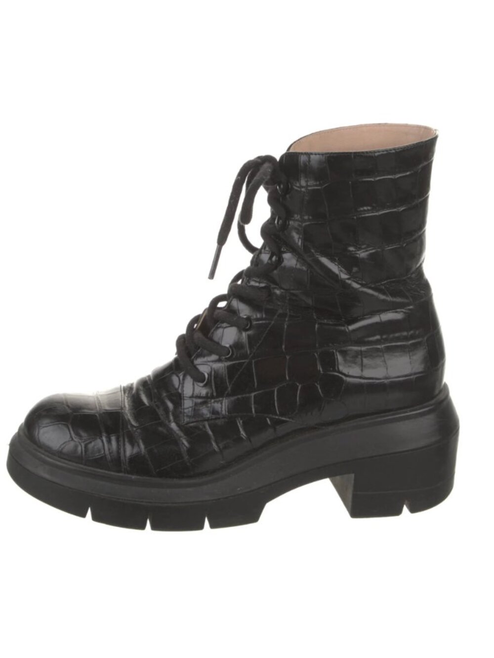 Stuart Weitzman Black Crocodile Embossed Leather Lace Up Boot
